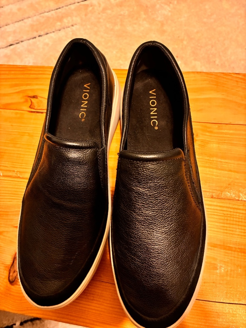 Vionic Black Leather Slip-On Sneakers with White Sole